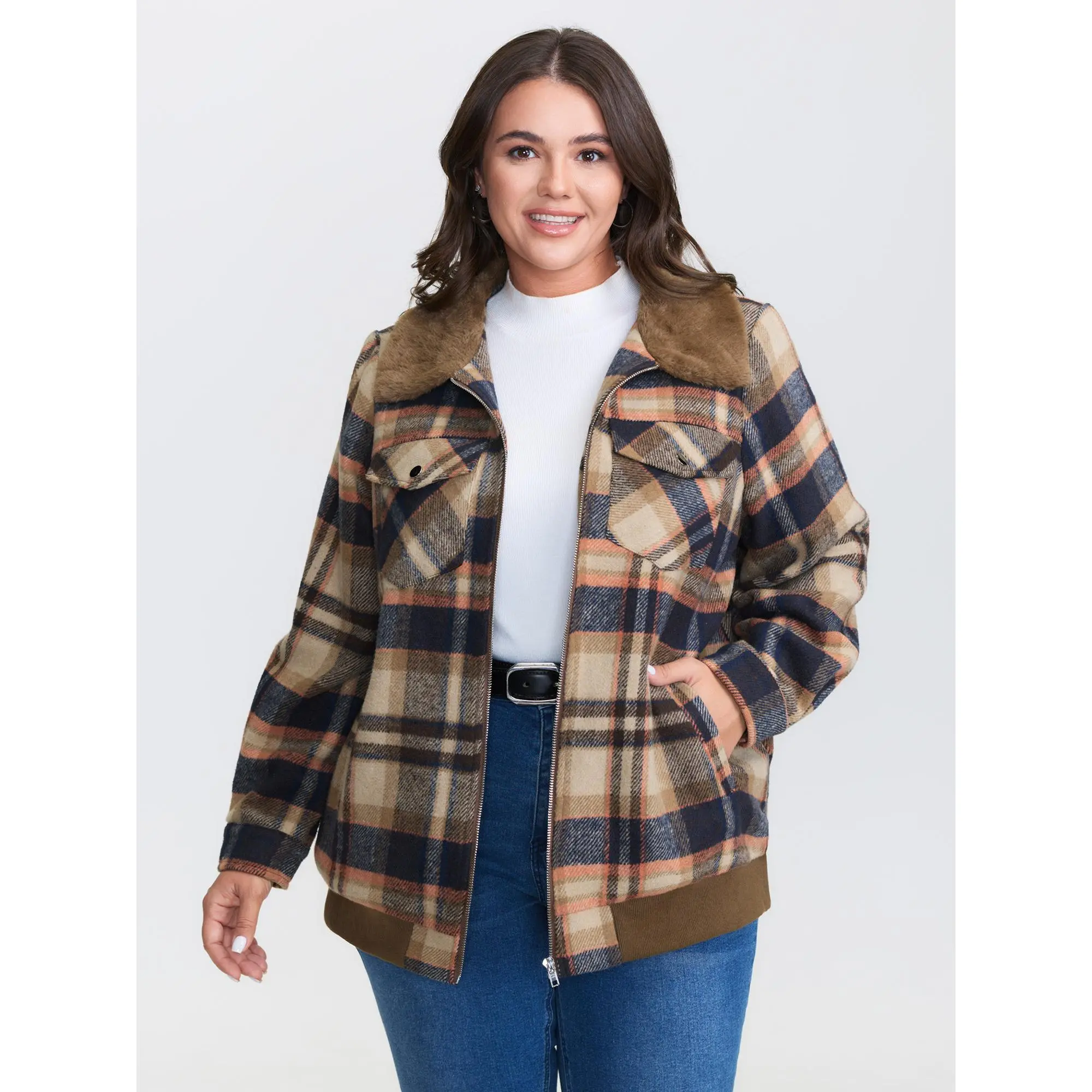 【Neck-Lengthening】Bloomchic Plaid Pattern Fuzzy Collar Zipper Jacket 2026 Spring Break Gift For Easter's Day Mother's Day