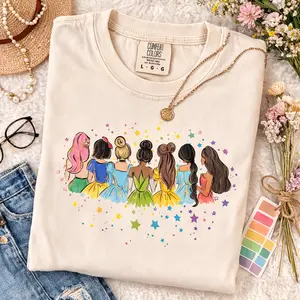Comfort Colors Princess Best Friends Shirt Magical Fairy Tale Girls Graphic Tee Colorful Princess Back View Design Cute Friendship Aesthetic Gift for Besties