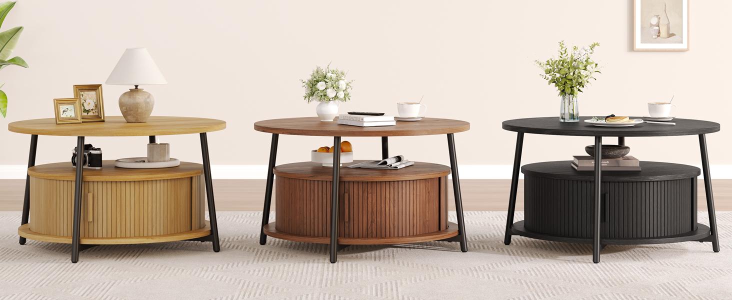 【SPOTLIGHT DAY】ONBRILL 31.5 Inch Round Coffee Table with Storage, Fluted Coffee Tables with 2 Tiers, Mid-Century Modern Center Table with 2 Sliding Doors and Adjustable Footpad for Living Room