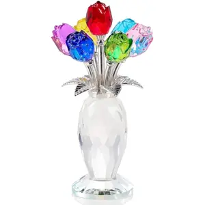 Crystal Colorful Rose Flower Figurine with Vase Handmade Romantic Glass Rose Gifts for Wife Mom on Mother's Day Birthday Christmas Wedding Valentines Home Decorations