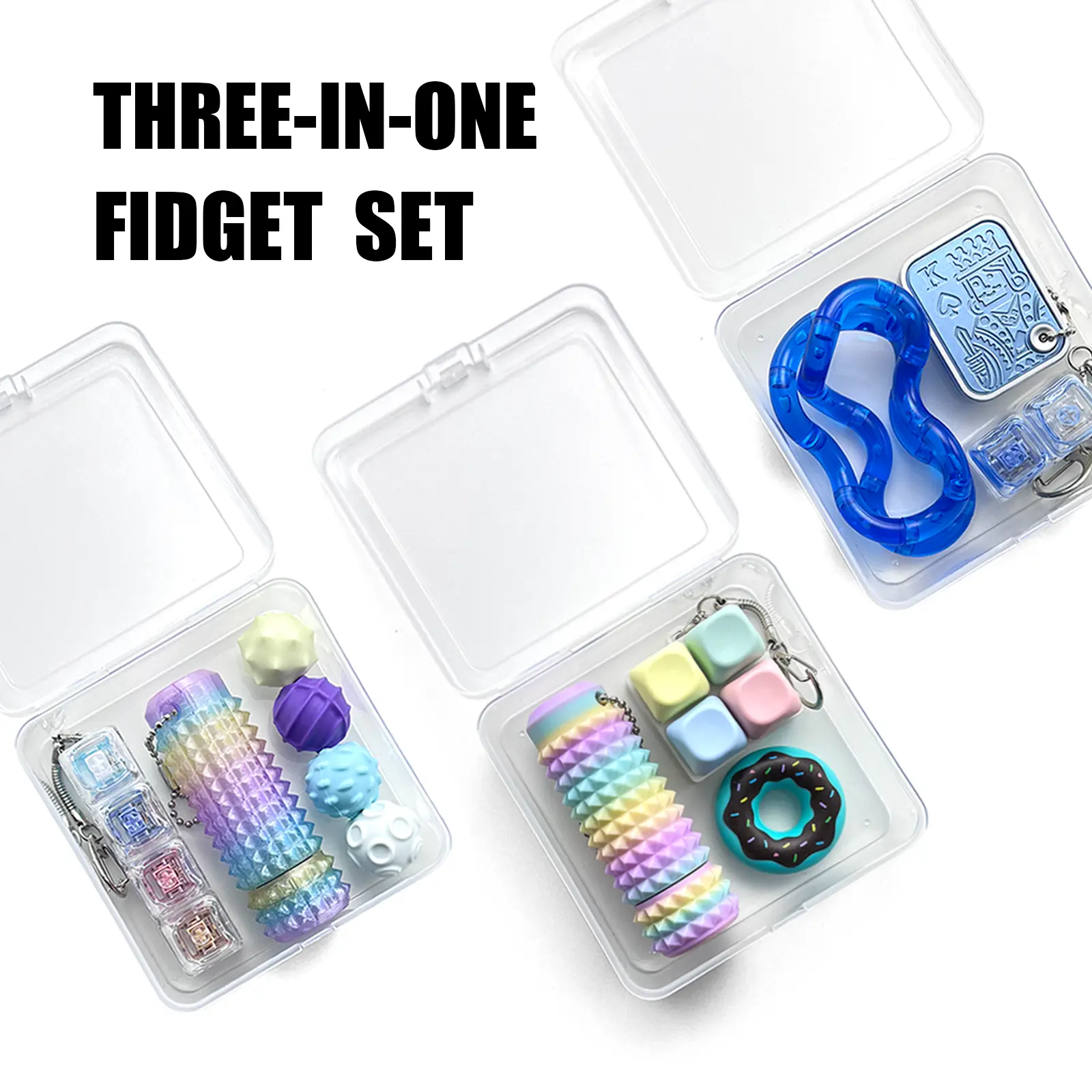 3-IN-1 Fidget Toys,ADHD relief,Fidget Keychain Keyboard,Pain Fidget-3D Printed Spiky Grippie Stim Keychain,Stress-Relieving Magnetic Balls,EDC Poker,Finger Spinner Toys,Gift for Kids