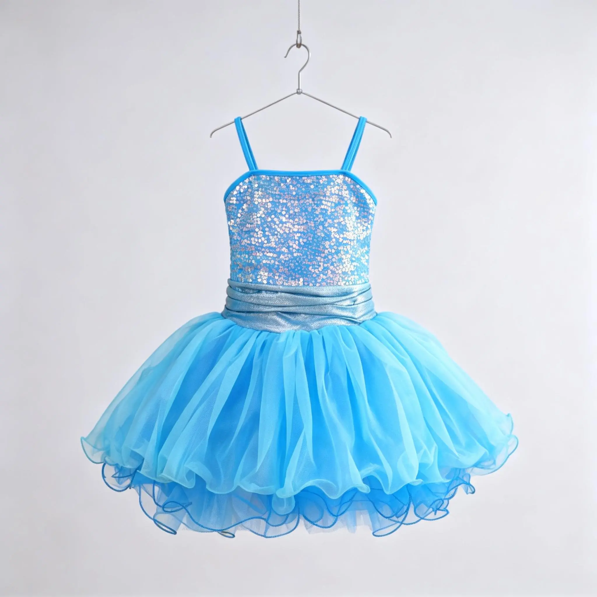 Girls' Square Neck Spaghetti Strap Ruffled Tulle Tutu Dress - Adjustable, Above-Knee, Ballet, Glitter, Sequin, for Active Dancers, Stage Performances, All-Season Practice Wear