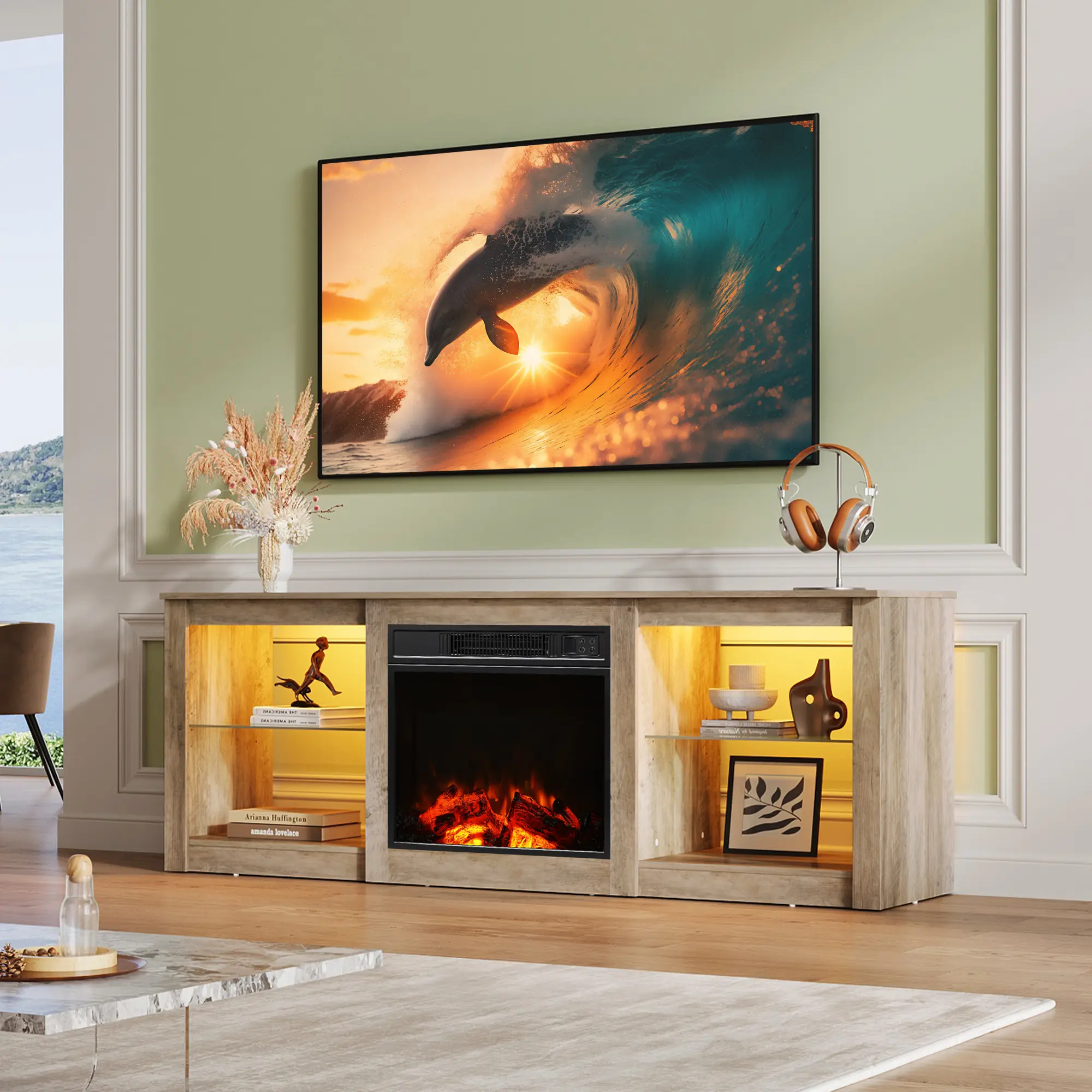【2 Packages Shipped】WLIVE 55/60/65 Inches Fireplace TV Stand with LED Lights, Modern Entertainment Center with 18'' Electric Fireplace & Adjustable Glass Shelves, Sturdy Media Console for Living Room, Bedroom