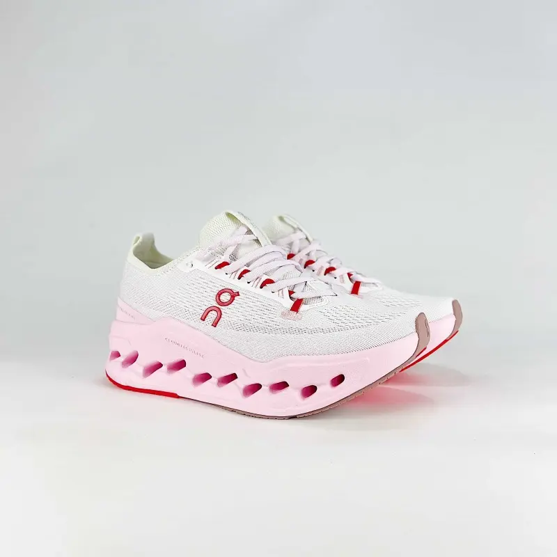 White Pink Two Tone Knit Mesh Running Sneakers Hollow Wave Cushion Midsole Sweat Wicking Upper For Morning Jogging Daily City Walks