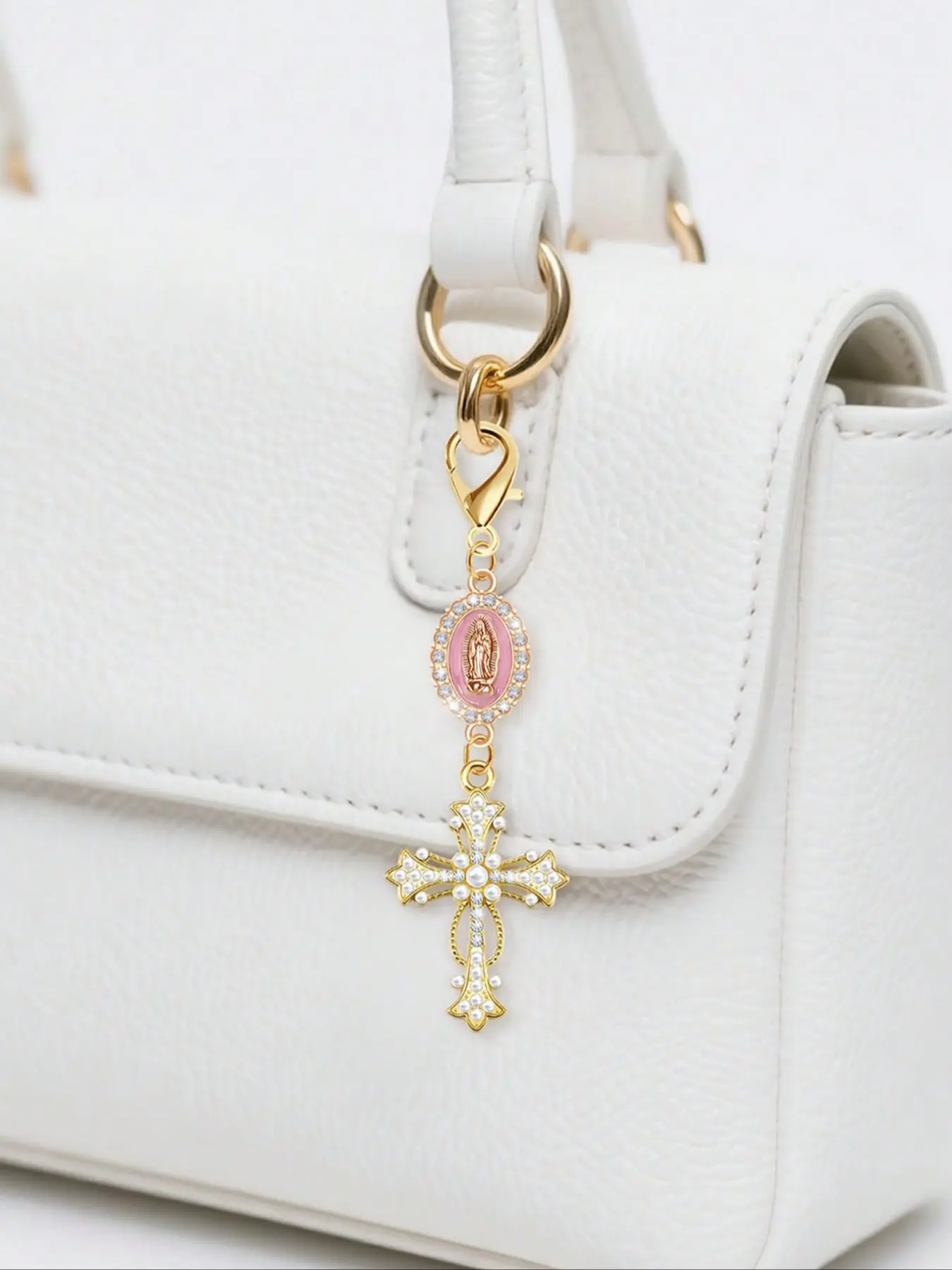 Christian Charm Keychain With Religious Cross,Pearl And Diamonds Talisman - Cross Keychain,Bag Charm,Backpack Charms,Cross Pendant,Decorative Wallet Backpack Accessories, Purse Accessories, Ring Buckle Decorative Keychain For Luggage And Cars