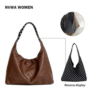 Reversible Hobo Bag for Women Minimalist Designer Style PU Leather Tote Bag with Magnetic Snap Waterproof Polka Dot Lining for Daily Commute Casual Outings