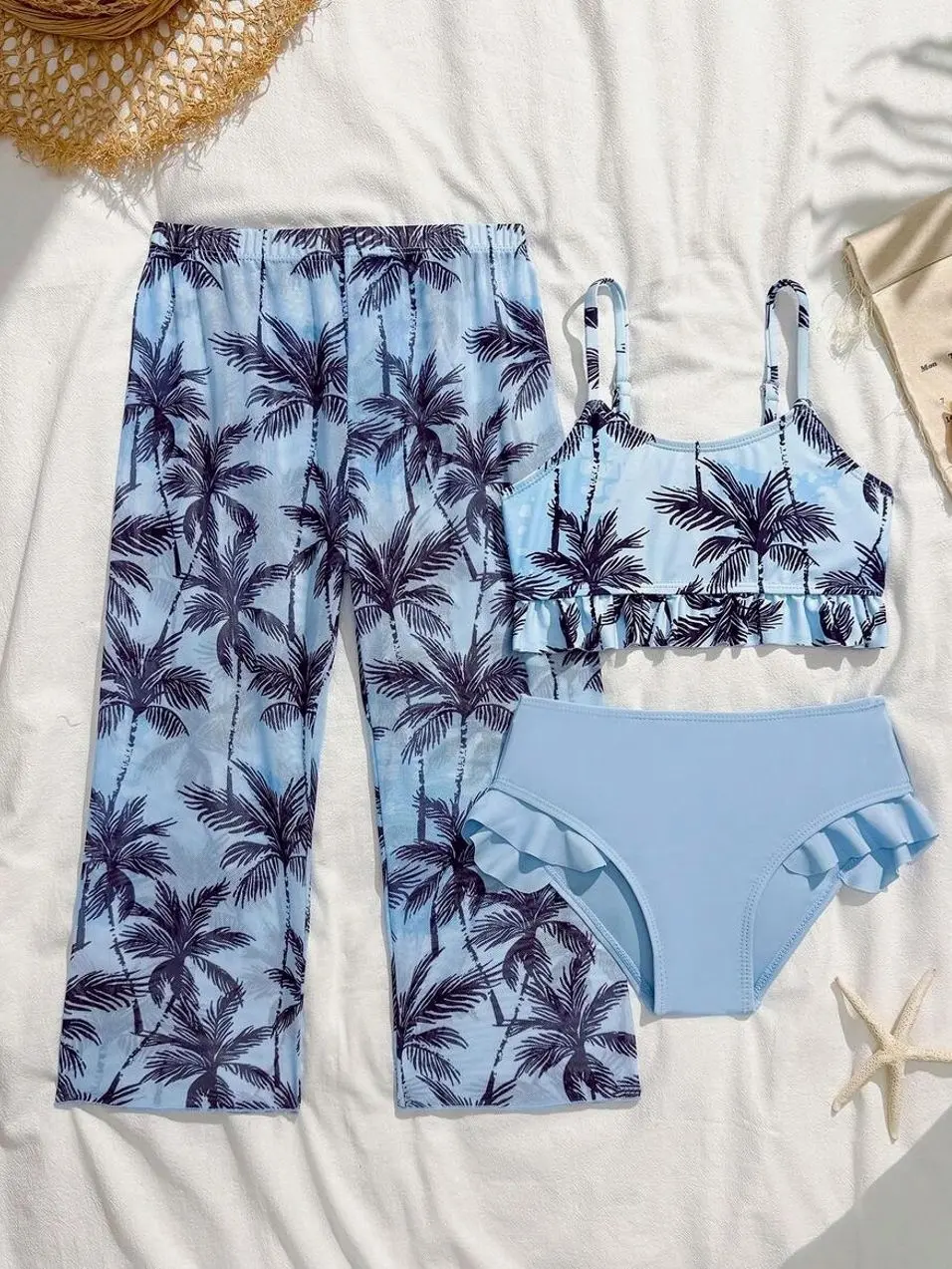 Girls 3-Piece Butterfly Print Bikini Set, Ruffled Top with Sarong Pants for Beach Holiday