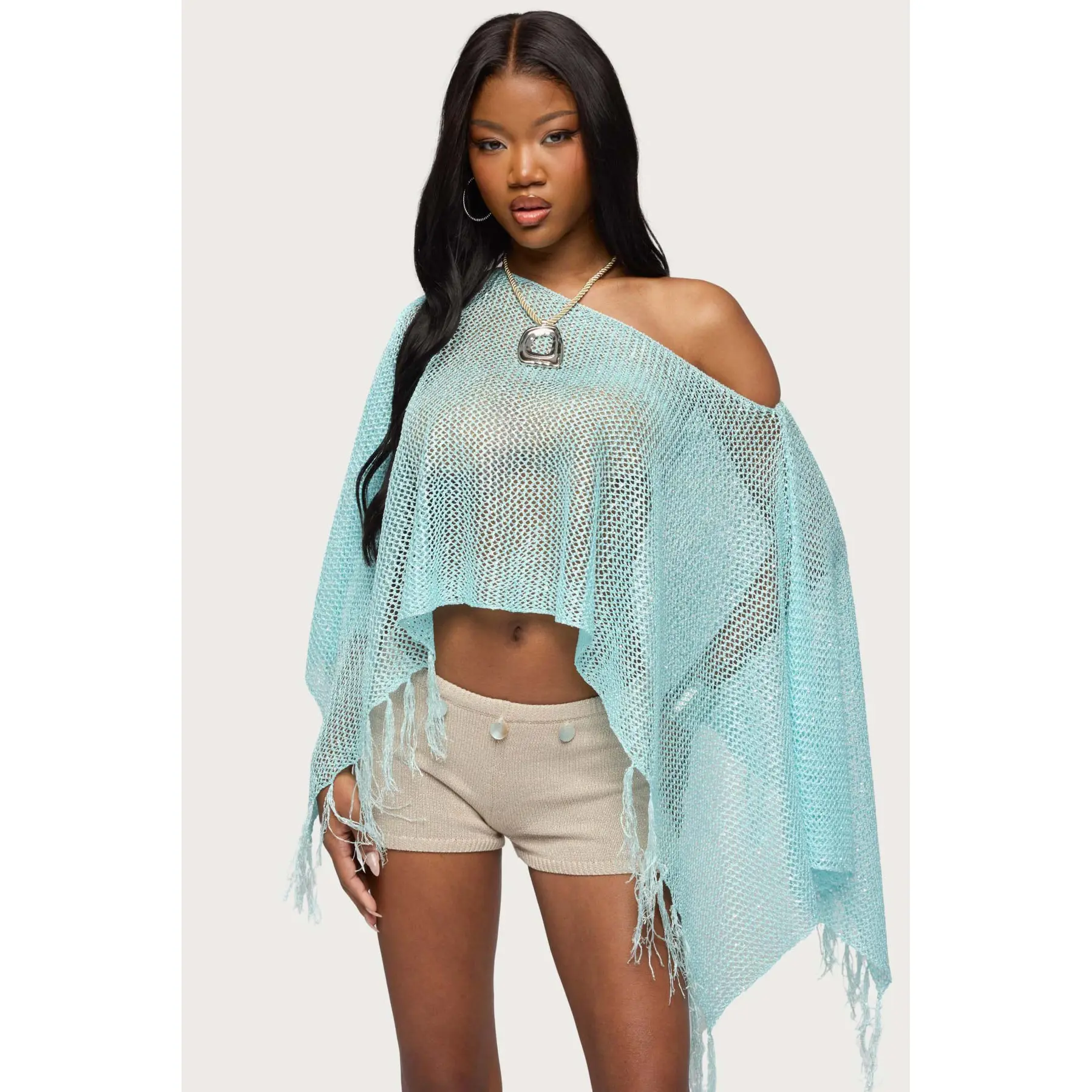 Sequin Fringe Knit Poncho Sequin Fringe Knit Poncho