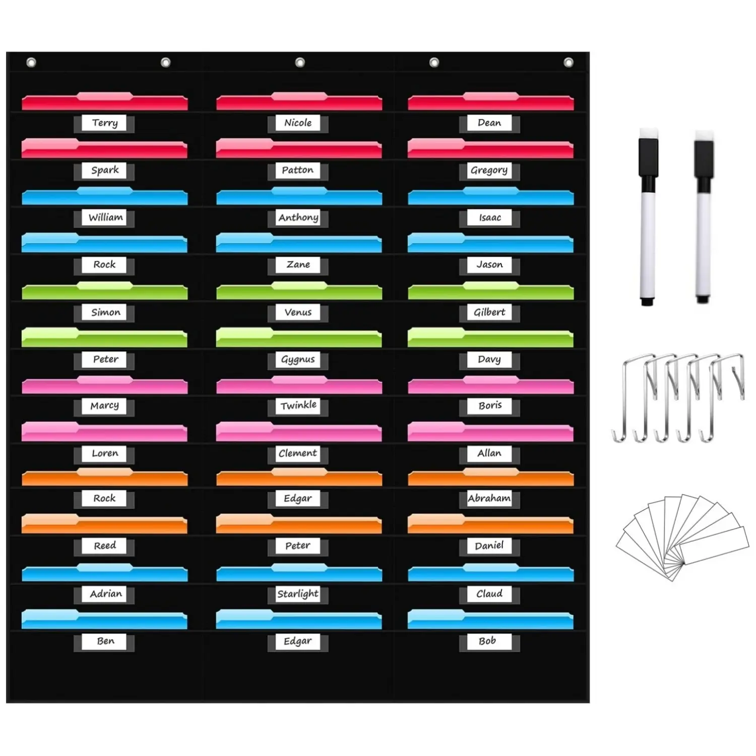 Black Wall File Organizer Pocket Chart - Multi-Functional Paper Organizer, Hanging File Box with Nametag Pockets for Classroom Office, Important Document Organizer, Multi Functional Organizer