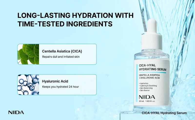 NIDA Centella CICA-HYAL Hydrating Serum Hyaluronic Acid Niacinamide Calming Soothing Moisturizing Sensitive Moisture Hydrate Dewy Skin Repair NIDA Centella CICA-HYAL Hydrating Serum Hyaluronic Acid Niacinamide Calming Soothing Moisturizing Sensitive Moisture Hydrate Dewy Skin Repair