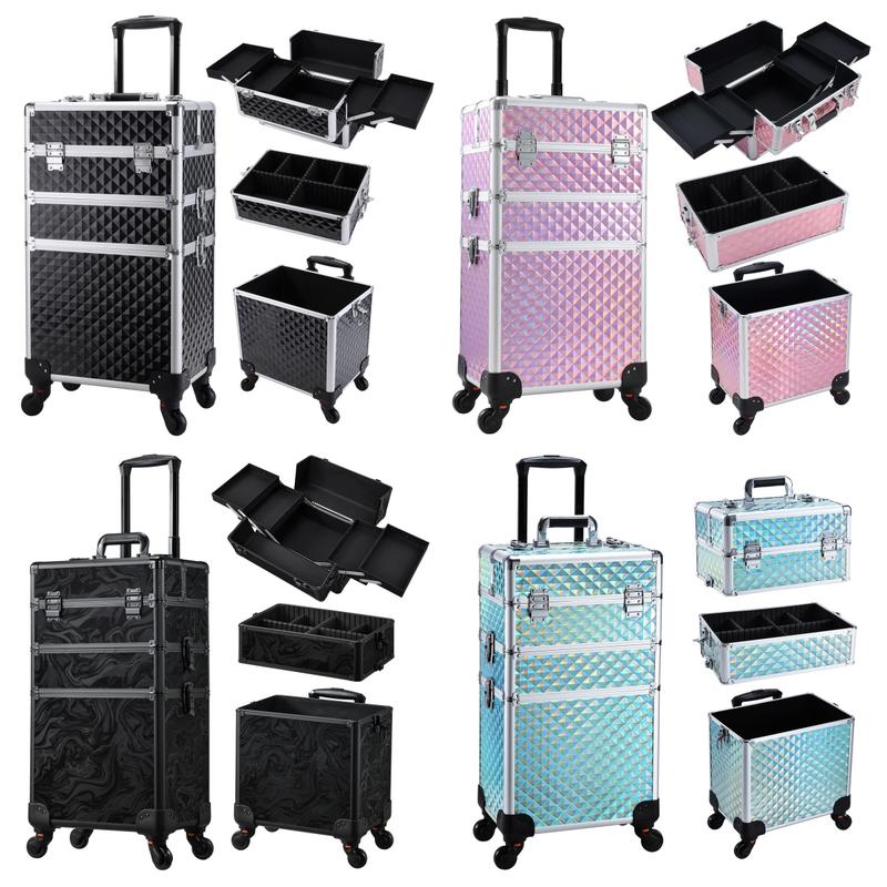 3 in 1 Rolling Makeup Train Case Large Cosmetic Trolley Salon Barber Case for Make Up Hairstylists Nail Tech Aluminum Makeup Trolley Case