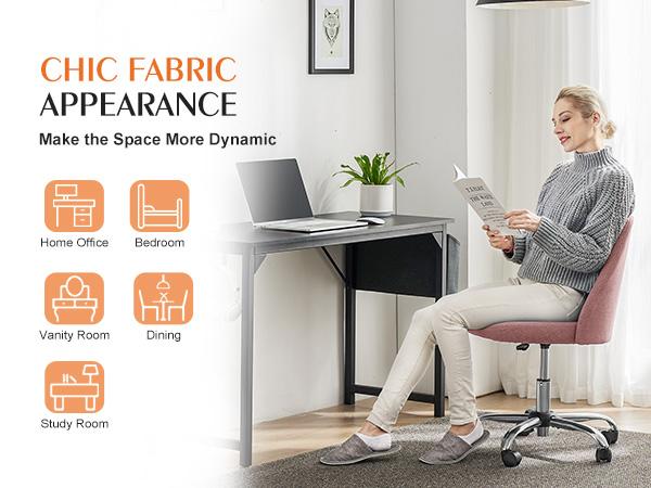 【Deal】Cute Office Chair, Modern Fabric Home Office Desk Chairs with Wheels, Mid-Back Armless Vanity Swivel Task Chair for Small Space, Living Room