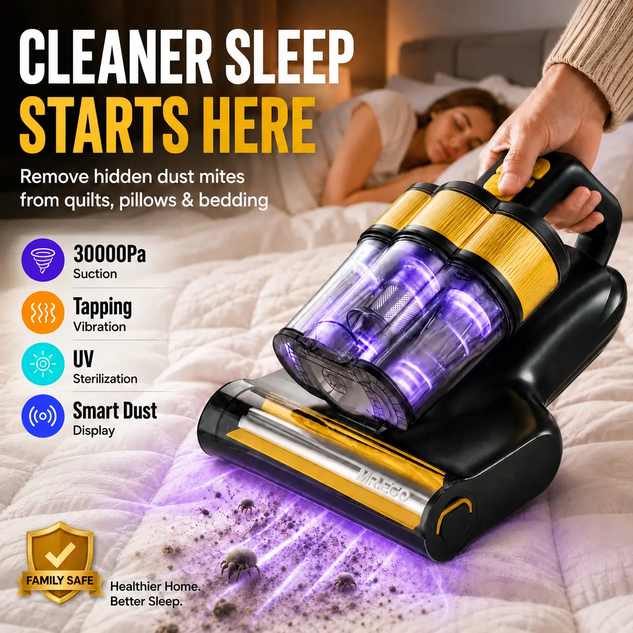 MR.EGO Cordless Mattress Vacuum Cleaner - 30000PA Powerful Suction, UV-C Light, Intelligent LED Display, Auto Shutoff, 5-Layer Filter, No Outlet Hunt, for Indoor Mattresses & Upholstery Deep Cleaning