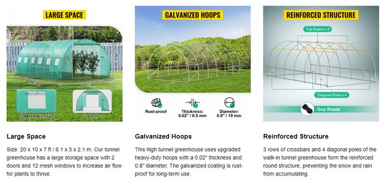 VEVOR Walk-in Tunnel Greenhouse, TikTokShopBlackFriday, Portable Hot House, Max. 20 x 10 x 7 ft, Galvanized Steel Hoops, 3 Top Beams, 2 Zippered Doors, Diagonal Poles VEVOR Super Brand Day