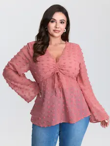 【Summer Turn-Up】【V-neck】BlOOMCHIC Plus Size Textured Ruched Bodice Flared Blouse [M-6X] 2026 Summer Pick for Mother's Day