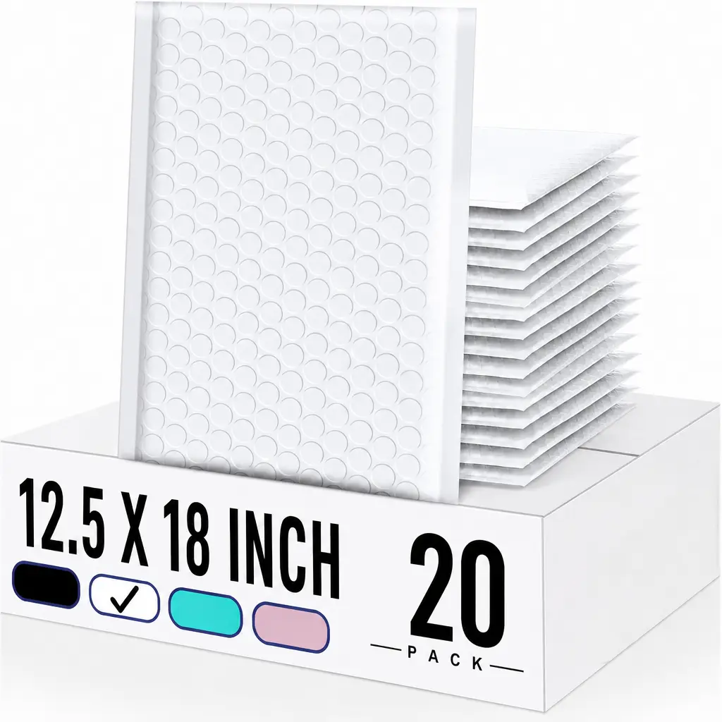Poly Bubble Mailers (12.5x18 in) 20-Pack Bulk Shipping Bags, White Self-Seal Waterproof Padded Envelopes with Bubble Wrap Protection, Strong Self-Adhesive Poly Mailers for Small Business Packaging & Mailing