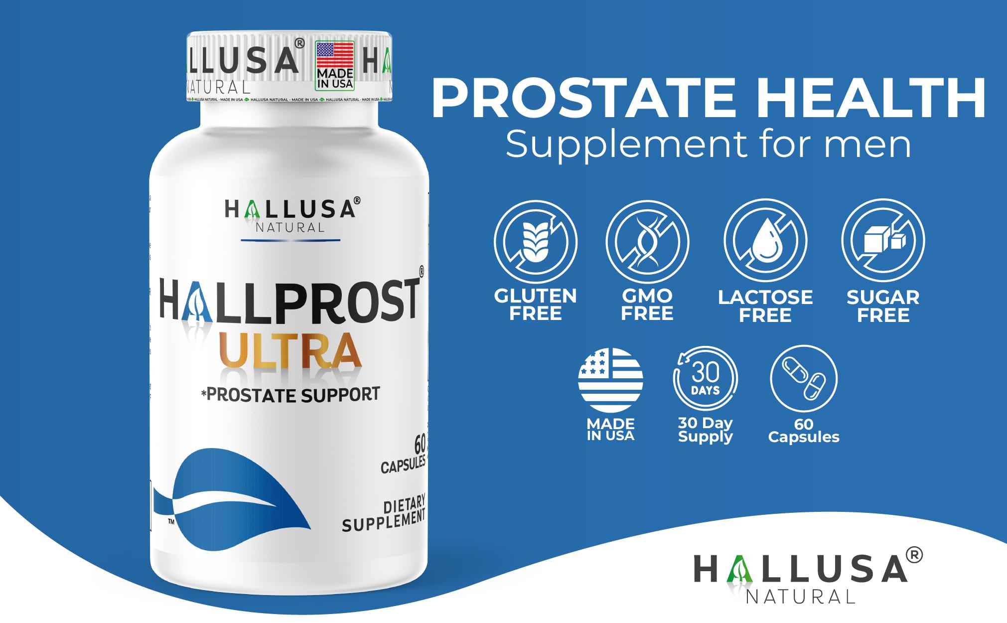 HALLUSA NATURAL HALLPROST ULTRA 60 Capsules Prostate Health Complex with Saw Palmetto & Organic Ingredients Gluten Free Non-GMO Dietary Supplement