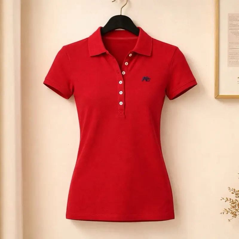 This is a red Aeropostale Women's A87 Piqué Polo Shirt with a buttoned placket. Size L