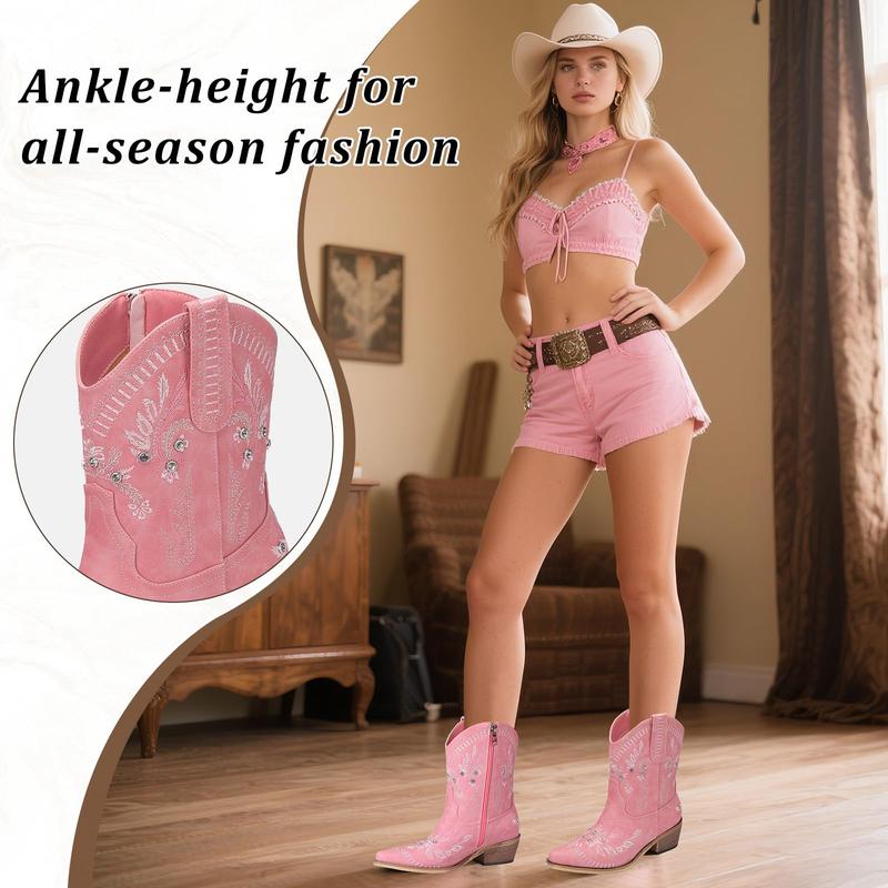 Rhinestone Ankle Cowboy Boots for Women Embroidered Short Cowgirl Boots with Low Heel Side Zipper Comfortable Chunky Heel Western Booties for Prom Party Wedding Pull On Shoe