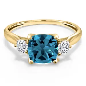 Gem Stone King 10K Yellow Gold London Blue Topaz and White Moissanite 3-Stone Engagement Ring For Women | 2.11 Cttw | Cushion 7MM | Three Stone Wedding Engagement Anniversary Ring For Women