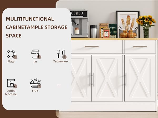 Walsunny Farmhouse Sideboard Buffet Cabinet with Storage with 3 Doors & 2 Drawers, Barn Doors Entryway Buffet Cabinet with Storage, Adjustable Metal Kitchen Cabinet,White