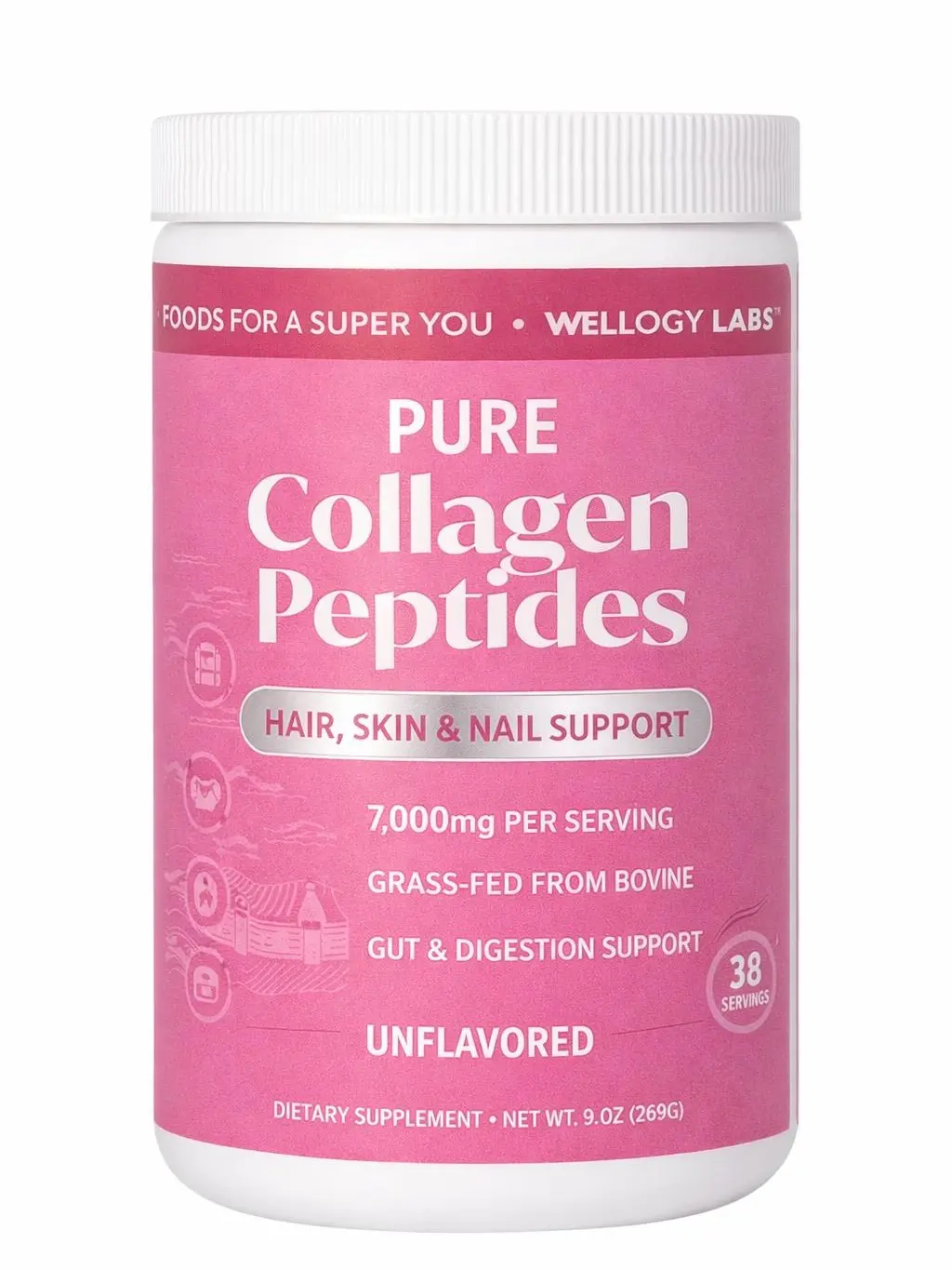 Collagen Wellology Labs Pure Peptides Powder - 7000 mg per Serving, Unflavored Hydrolyzed Type I & III Grass-Fed Bovine Collagen Supplement for Adults, Skin Care, Digestive Health Support