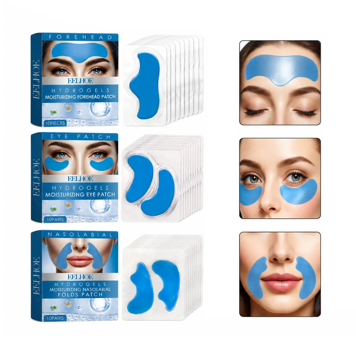 Unisex 3-Pack Hydrogel Face Patch Set - Alcohol-Free Face Care Products for Target Areas (Forehead, Under Eye, Nasolabial Folds), Daily Hydrating Cooling Gel to Smooth Fine Lines, Boost Radiant Skin