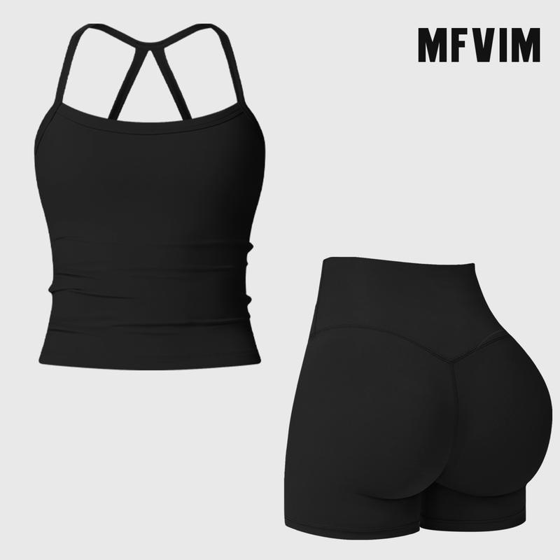 MFVIM 2-Piece Impact  Set for  Women's Long/Short Sleeve T-Shirt Tank Top +  Impact Shorts with Butt Lift, Seamless  Biker Shorts, Going Out  Set,  Clothing, Skinny Sports Apparel, Compression Activewear  Wear  Clothin gym fitness workout Yoga Bottoms
