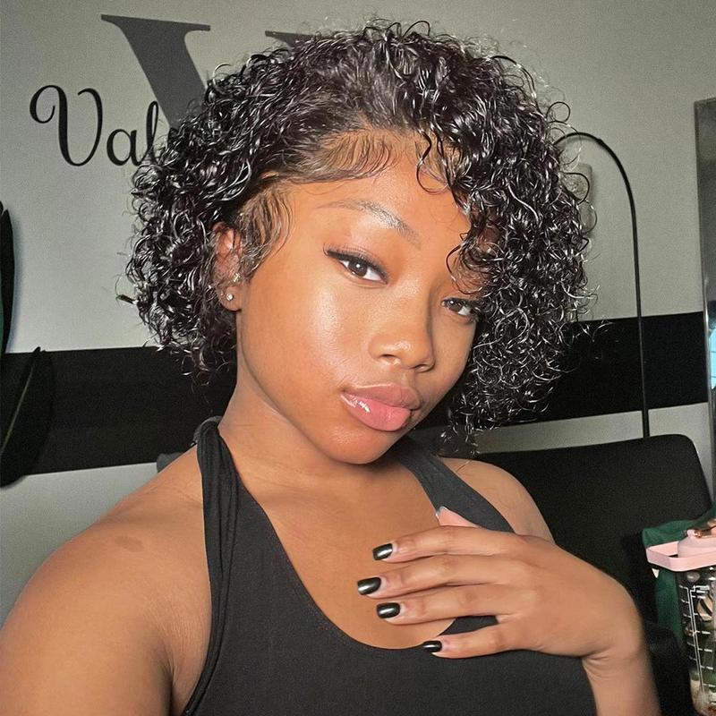 OQHAIR 8 Inch 13x4 Lace Front Pixie Wigs Summer Look Short Curly Wigs Human Hair 180 Density