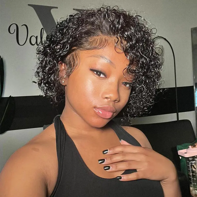 OQHAIR 8 Inch 13x4 Lace Front Pixie Wigs Summer Look Short Curly Wigs Human Hair 180 Density