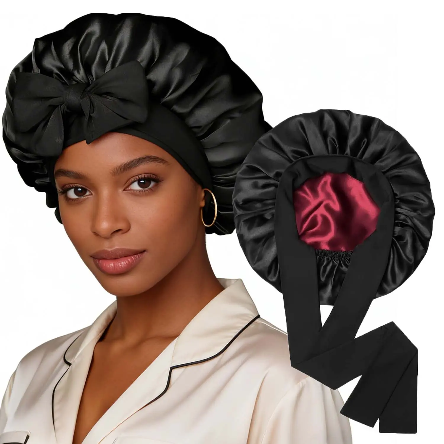 Large Satin Bonnet with Tie Band Double Layer Adjustable Sleep Bonnet with Silk-Like Lining Stay On Night Cap for Curly Hair Braids & Natural Hair school gift Sleeping Bonnet satin adjustable strap Men's Layer Satin Bonnet