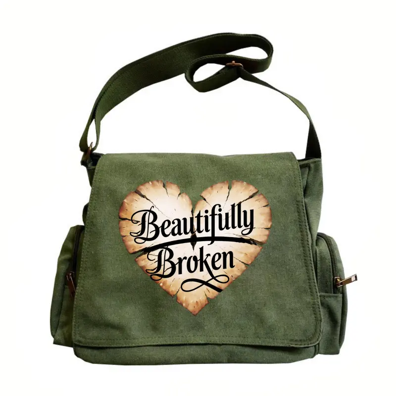 Women’s Vintage Large-Capacity Casual Shoulder Purse - Fashionable Crossbody Bag with Flip-Open Access, Heart-Shaped Cracked Pattern, "Beautifully Broken" Print, Inner Zip Pocket, Ideal for Daily Outings & Travel, Great Gift for Friends
