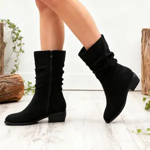 Women's Slouchy Mid-calf Boots Wide Calf Round Toe Low Chunky Block Heel with Side Zipper Fall Winter Girl Fashion Trendy Footwear Comfortable Female All-match Jumping Boots Botas for Daily Wear Christmas Gift