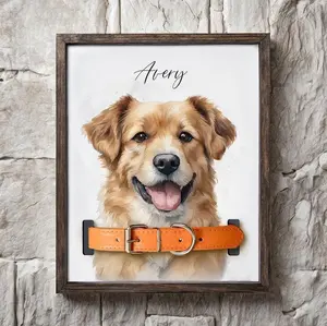 Customized Dog Memorial Frame With Pet Portrait Photo, Remembrance Gift For Loss Pet, Loss Cat Collar Keepsake With Pet Portrait From Photo