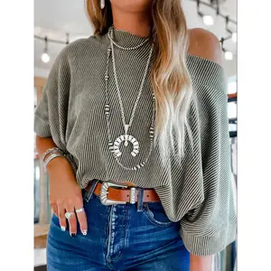 Women's striped printed large round neck bat sleeve oversized shirt, seasonal casual half sleeved top, women's daily clothing