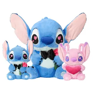 MINISO Disney Stitch Valentine's Day Sitting Plush Toy, Soft Pink Ears Blue Alien Stuffed Animal, Cute Red Rose Holding Plushie Gift for Fans Kids Mother's Day