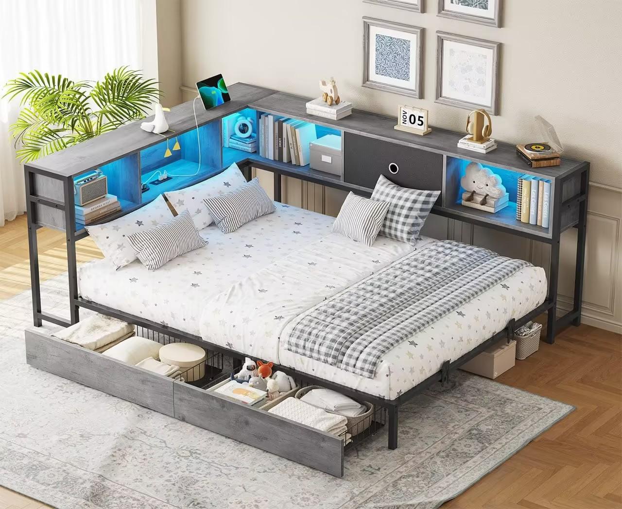 Sikaic LED Daybed with Storage Drawers and Bookcase Headboard Oak Gray