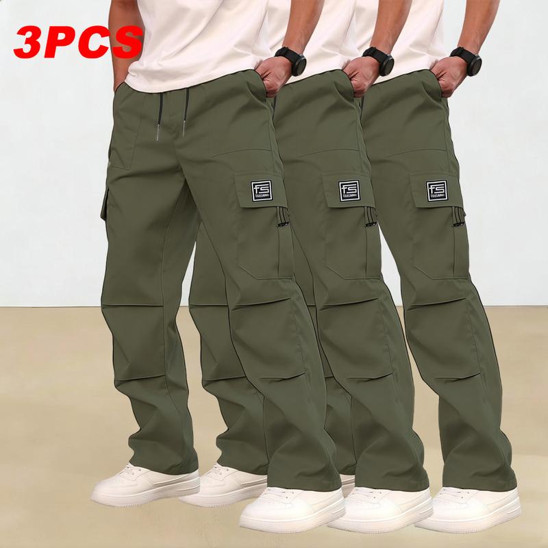 Men's multi-pocket work pants, 3-pack, suitable for all seasons and machine washable; mid-rise with drawstring closure; non-stretch polyester fabric; casual wear with pockets; versatile cargo pants