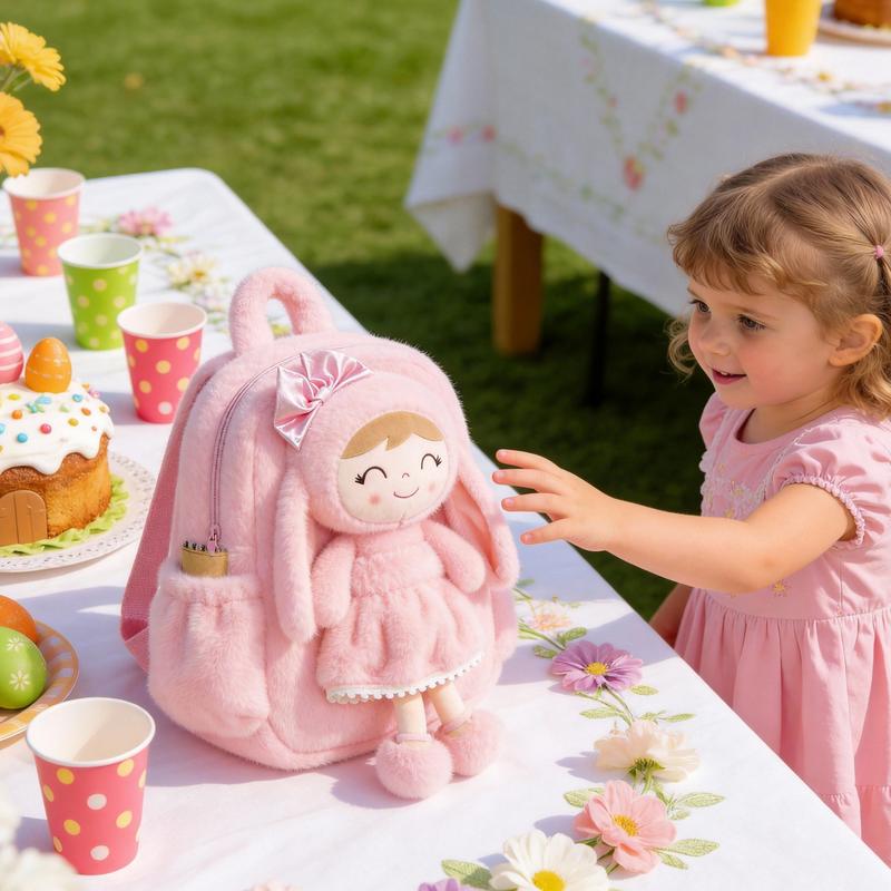 Gloveleya Easter Bunny Backpack for Toddlers - 11" Plush Doll Backpack with Detachable Rabbit Toy, Soft Stuffed Animal Bag for Girls 2-6 Years Old, Ideal Easter Basket Stuffer & Birthday Gift