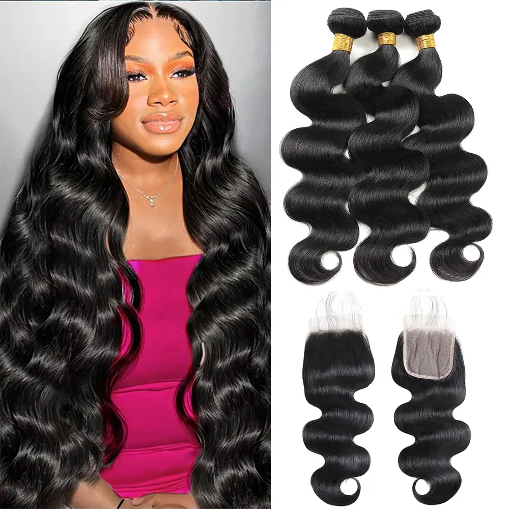 Body Wave Hair Bundles with Closure 32inch 34inch Brazilian Human Hair 3/4 Bundles with 4x4 2×6 Lace Closure Sew in