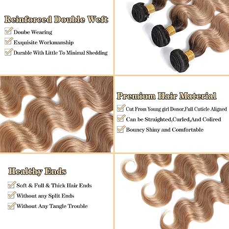 12A Ombre Body Wave Bundles Human Hair with Closure glossy hair bundles 100% Unprocessed Brazilian Human Hair Raw human hair bundles Ombre Highlight Body Wave Human Hair Weave 3 Bundles with Closure valentines gifts for gf