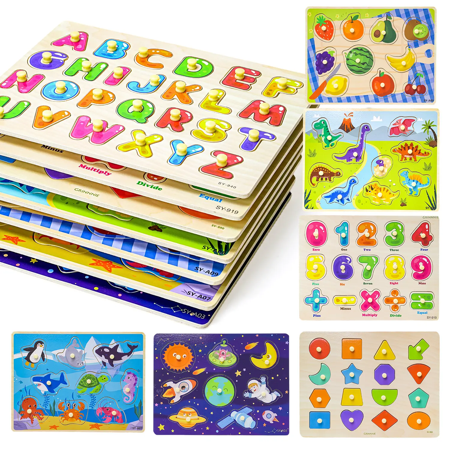 GRINNIE Educational Wooden Puzzles for Kids - Alphabet, Numbers, Shapes, Dinosaurs, and More - Perfect for Early Learning and Development