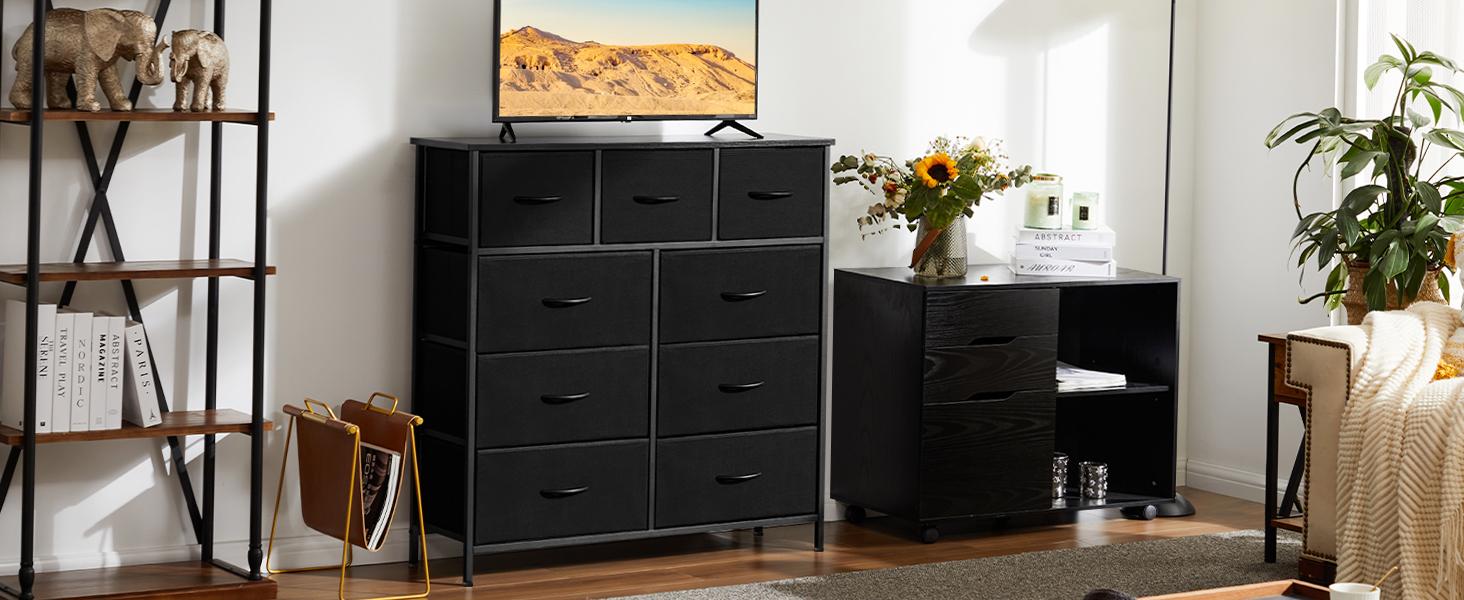 【New Color】Fabric Storage Tower with 9 Drawers, Bedroom Drawer Dresser Organizer, Chest of Drawers with Fabric Bins, Steel Frame and Wood Top for Bedroom, Closet, Entryway