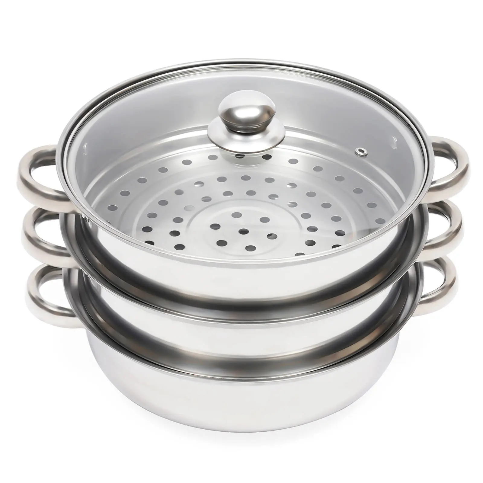 3-Tier 28cm (11in) Round Stainless Steel Steamer Cookware, Anti-Scalding Handle, 2026 Trending Polished Design, 1.6kg/3.52lbs, 2000ml+, Dishwasher Safe, Induction/Gas Ready, Electric Stove Compatible, for Seafood Steaming