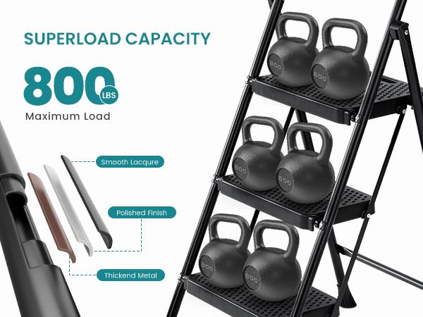 Step Ladder, Foldable Stool with Wide Pedal, Cushioned Handle, 800lbs Capacity for Home Kitchen and Outdoor, Black