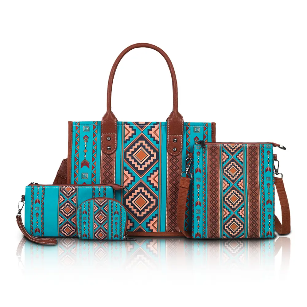 4-Piece Bohemian Tote Bag Set, Geometric Canvas Handbags for Women, Everyday Purse Shoulder Bag with Wallet & Zipper Closure, Boho Bag, Casual Bags