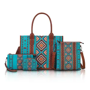 Bohemian Tribal tote bag , 4-Piece Large Canvas Shoulder Bag with Adjustable Strap, Zipper Closure & Wallet Geometric Pattern Fashionable Purse