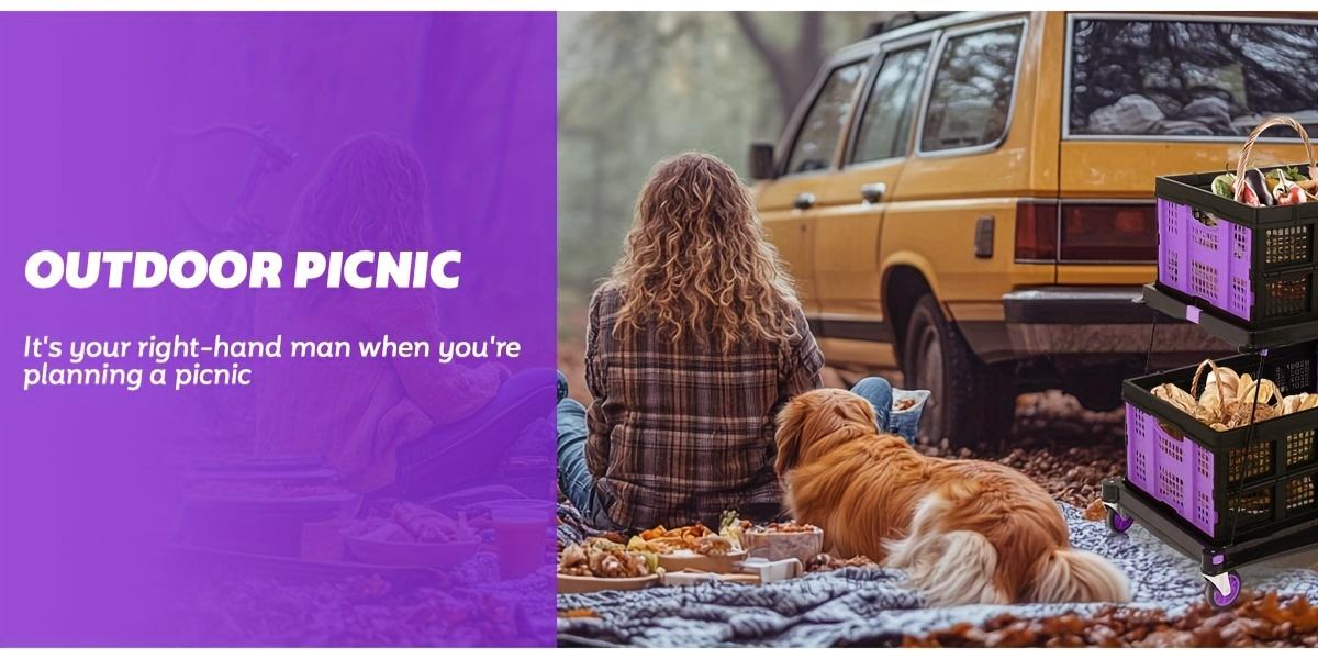 Multi use Functional Collapsible Carts,Mobile Folding Trolley,with Wheels & Removable Basket Carries,2 baskets included,Adjustable Foldable rolling trolley for home,grocery,supermarket. Lightweight,Purple Trolley Storage Crate Portable Convenience cart