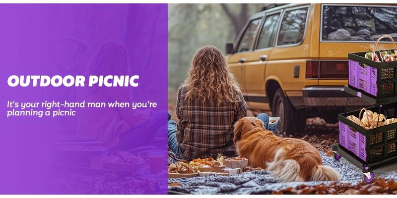 Multi use Functional Collapsible Carts,Mobile Folding Trolley,with Wheels & Removable Basket Carries,2 baskets included,Adjustable Foldable rolling trolley for home,grocery,supermarket. Lightweight,Purple Trolley Storage Crate Portable