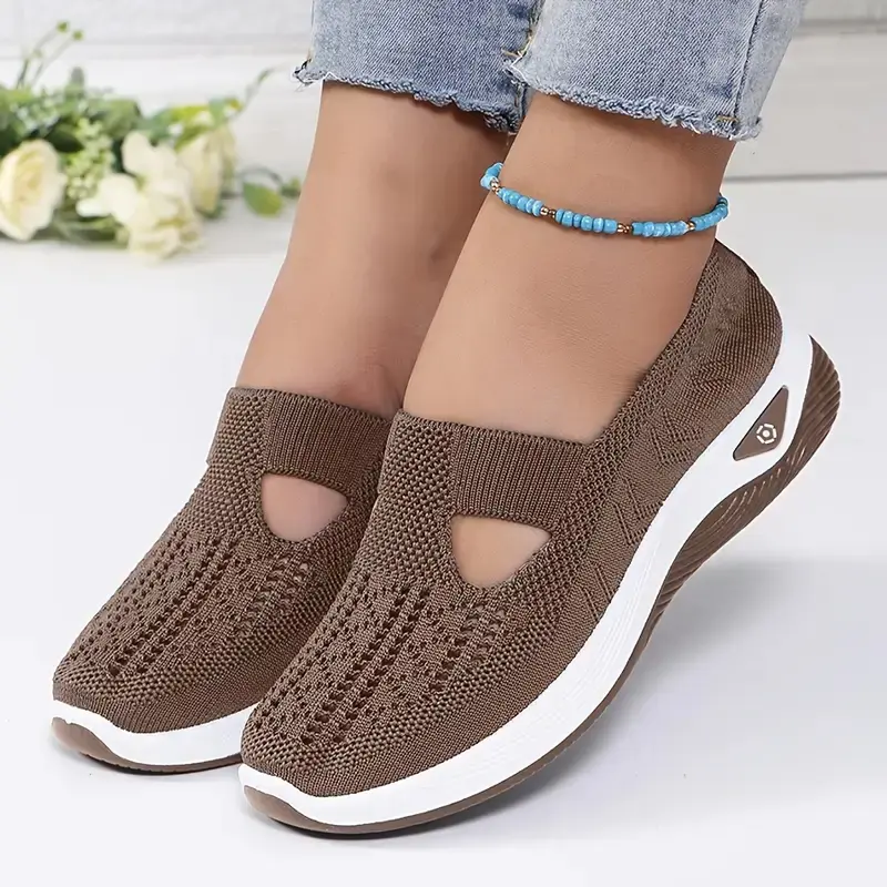 Women's Breathable Knit Slip-On Sneakers - Lightweight Comfortable Low-Top Shoes with Cut-Out Design, Flexible PVC Sole, All-Season Wear, Round Toe in Red, Beige, Green, Blue, Black, Purple Footwear Classic Stylish, Walking Shoes, Shoes For Women